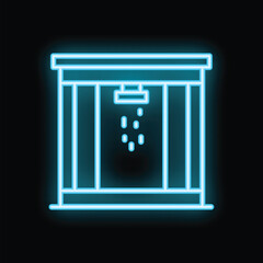 Blue neon icon of a shower cabin glowing in the dark