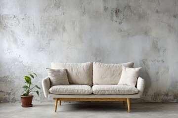 Neutral toned sofa rests against a textured gray wall with a potted plant nearby