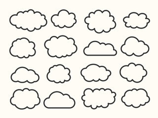 Simple cloud outline vector set. Minimalist cloud doodle pack. Cute weather clouds line art. Abstract bubble shapes. Linear weather symbol collection