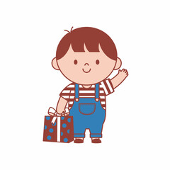 Cute cartoon boy in overalls waving and holding a present.