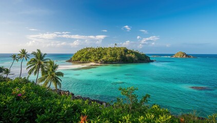 Fototapeta premium Tropical island during summer featuring a beach and palm trees, ideal for relaxation and vacation planning