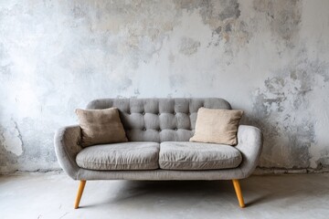 Comfortable fabric sofa with throw pillows rests against a distressed concrete wall