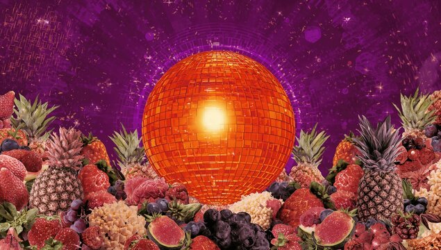 Orange-filled disco ball against a purple backdrop, vibrant color contrast