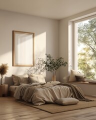 Fototapeta premium A bedroom with a white wall and a large window