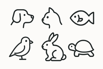 Minimalist animal icons: dog, cat, fish, bird, rabbit, turtle outlines