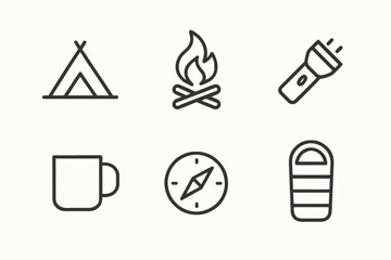 Camping essentials icons: tent, campfire, flashlight, mug, compass, sleeping bag
