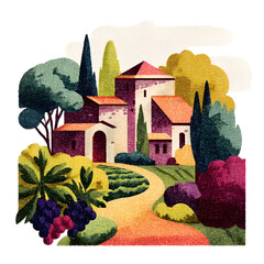 Tuscan villa landscape painting vibrant colors lush gardens serene countryside path