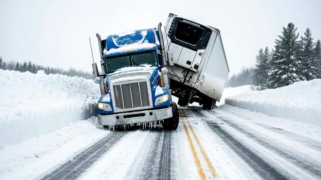Blue semi trailer truck jackknifes on snowy road. Winter weather driving accident with cargo transportation. Truck wreckage on icy highway footage.