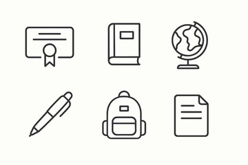 Educational icons: certificate, book, globe, pen, backpack, document