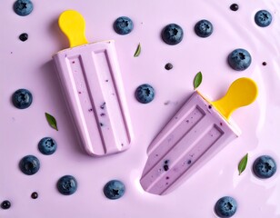 Overhead shot of two popsicles surrounded by blueberries