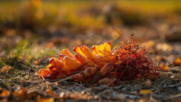 Discarded remains of saffron crocus flowers post-harvest, highlighting agricultural waste management