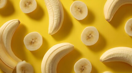 Lively Banana Slice Composition on Glowing Yellow Canvas for Vibrant and Healthy Modern Branding Visual