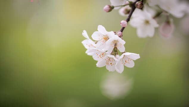 Weeping cherry blossoms in early spring with a soft pastel green backdrop and shallow focus effect.