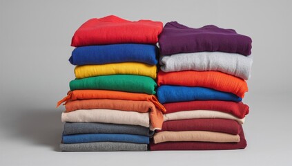 Pile of assorted vibrant folded knitwear on a neutral backdrop