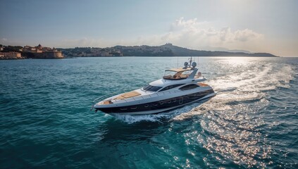 Aerial perspective of an upscale yacht on the Mediterranean waters, showcasing leisure and relaxation