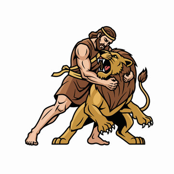 Samson and the lion biblical illustration. A powerful hero fighting a beast. Mascot graphic for strength and courage