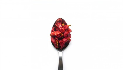 Fototapeta premium Top view of a small spoon filled with crushed red chili flakes on a white surface