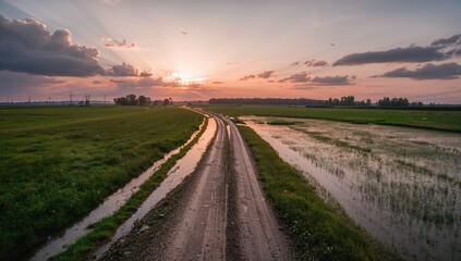 Aerial view of a flooded grassland with a rustic road, seasonal change