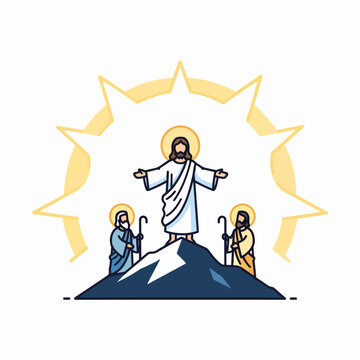 The Transfiguration of Jesus Christ biblical scene. Christian line art icon with flat color. Religious graphic of Jesus on the mountain with disciples