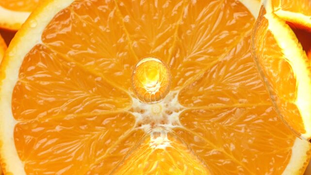 slice of orange, Drop of Juice Falling on Orange Slice in Slow Motion, Close-up Macro Shot of Citrus Fruit