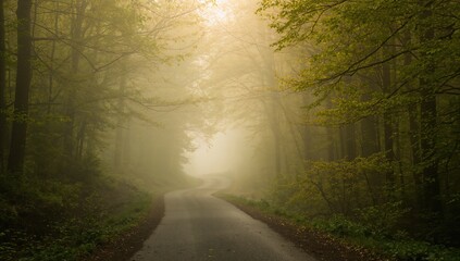 Obraz premium Country road winding through a foggy forest during springtime, showcasing seasonal change