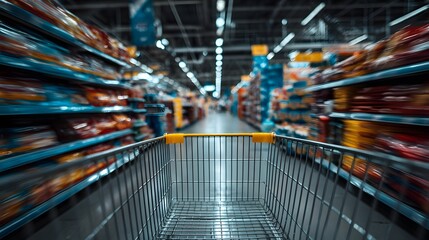 Dynamic point-of-view from a shopping cart looking down a supermarket aisle. The colorful products on the shelves are blurred to create motion.