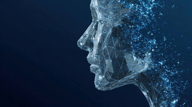 Abstract human face in profile. AI assistant or Artificial Intelligence agent concept. Low poly wireframe head of humanoid robot in technology futuristic style. Blue tech background.