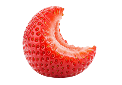 Fresh Bitten Strawberry Isolated on White. Delicious Red Fruit with a Bite Mark, Healthy Snack Concept.