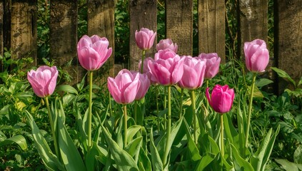 Fototapeta premium Bright Pink Tulips Blooming Along a Garden Fence