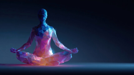 Yoga body woman health polygon 3d science . Futuristic low poly yogi in lotus asana with matrix code rain, meditation human silhouette, digital aura, chakra balance concept.