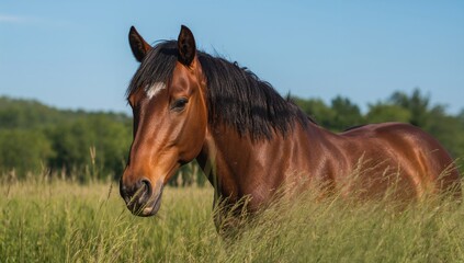 Obraz premium Large brown horse grazing on grass, showcasing a peaceful moment in nature
