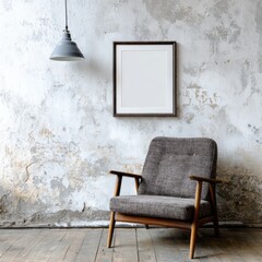 Mid century modern armchair sits beneath a blank picture frame against a distressed wall