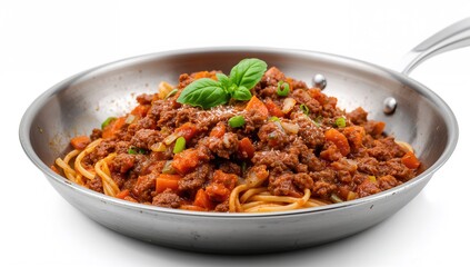 Detailed view of a skillet filled with a popular meal featuring sizzling ground meat simmered in tomato sauce with herbs, chopped vegetables, and celery.