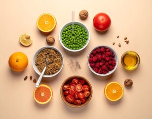 Overhead shot of various colorful fruits, vegetables, and nuts arranged on a surface
