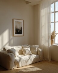 Fototapeta premium A white couch with a black and white framed picture on the wall