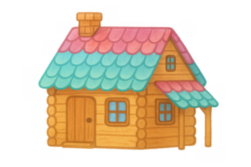 Hand drawing log cabin house with colorful roof and chimney for fairytale and children's book illustration