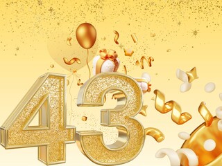 Fototapeta premium Golden number 43 with balloons and confetti on yellow background 