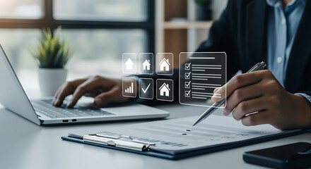 Person using laptop and reviewing real estate property checklist on paperwork with digital icons for home appraisal, investment, and mortgages.