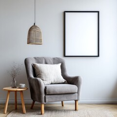 Comfortable gray armchair positioned near a wooden side table beneath a woven pendant light fixture
