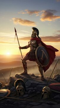 Ancient battlefield aftermath with fallen helmets and spears, transitioning to a single spartiate soldier standing heroically at sunset footage.