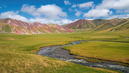 Colorful mountains and green meadows in a remote nature reserve