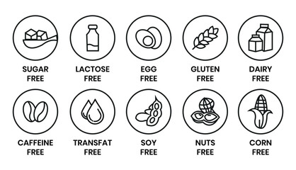 Set allergen free icons. Allergen free label products. Free lactose, gluten, sugar, corn, egg, trans fat, dairy, soy, nuts, caffeine, symbol, logo, badge, black, vector, isolated on white background.