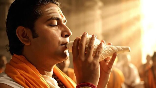 iskcon hindu priest blowing sacred conch shell during ritual