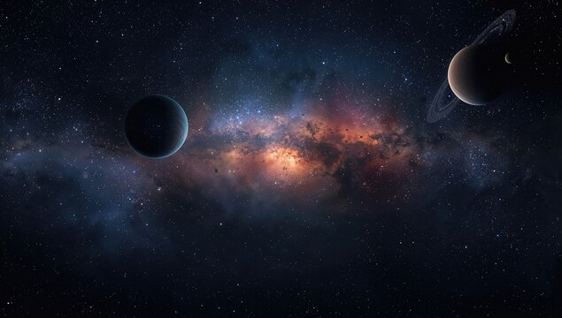 Vast dark outer space panoramic view featuring planets, stars, clouds, and nebula, ideal for cosmic exploration themes