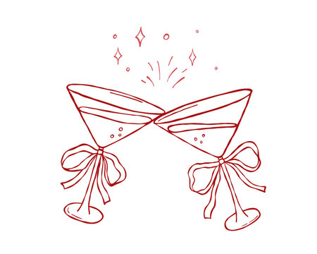 Coquette cocktail glasses with lace bow, hand draw vector, clink glasses martini, doodle whimsical sketch for party invitation, toast