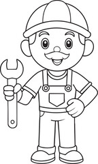 Friendly cartoon plumber character holding a wrench ready for home repairs and plumbing services