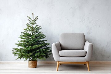 Small evergreen tree in woven pot stands beside contemporary armchair against light textured wall