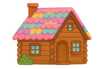 Whimsical cartoon log cabin house featuring a vibrant, colorful scalloped roof and wooden textures. Transparent background