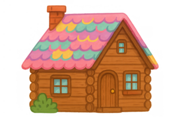 Whimsical cartoon log cabin house featuring a vibrant, colorful scalloped roof and wooden textures. Transparent background