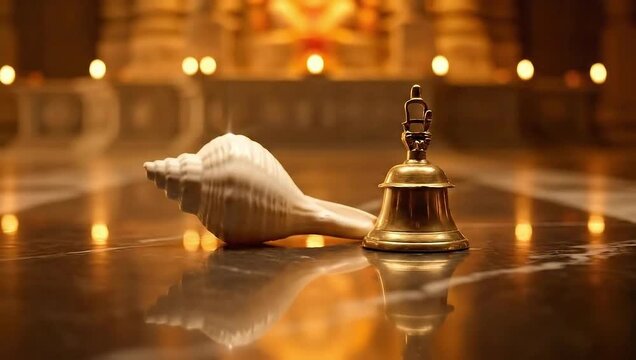iskcon hindu spiritual items conch shell and brass bell